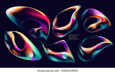 Set of iridescent fluid shapes and bubbles. Collection of colorful vector design elements.