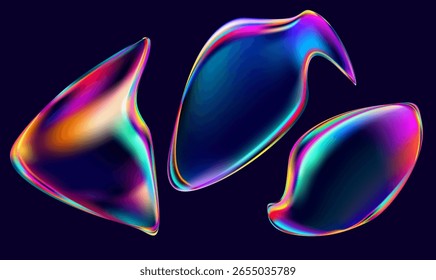 Set of iridescent fluid shapes and bubbles. Collection of colorful vector design elements.