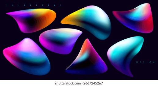 Conjunto de formas de fluido iridescente e bolhas. Coleção de elementos de design vetorial colorido.