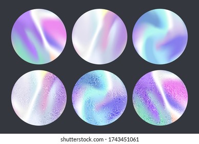 Set of iridescent foil vector gradient design elements. Abstract circles with blurred holographic texture in a harmony pastel color scheme. Modern glossy neon material for trendy design.