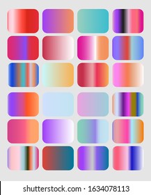 Set of iridescent gradient swatches for design. Mix of trend colors for 2020 year: opalescent and shiny palette.