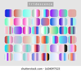 Set of iridescent gradient swatches for design. Mix of trend colors for 2020 year: opalescent and shiny palette.