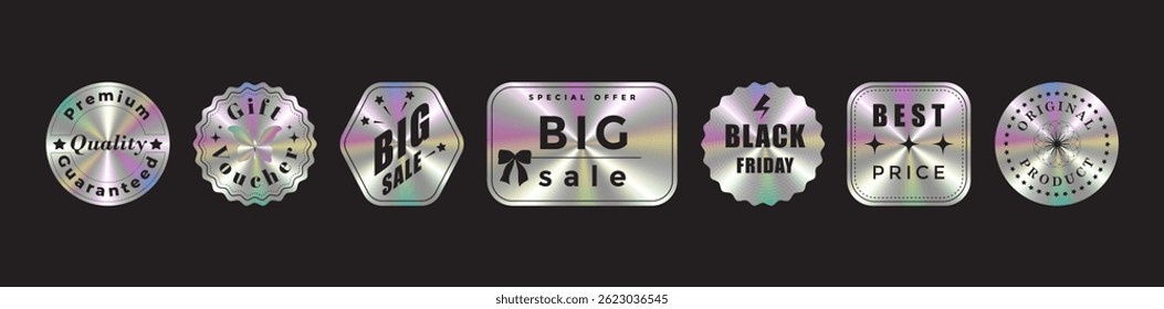 Set of iridescent holographic sale stickers. Shiny foil labels for Black Friday, big sale, special offer, and premium quality. Gradient metallic texture with retro futuristic look on black background