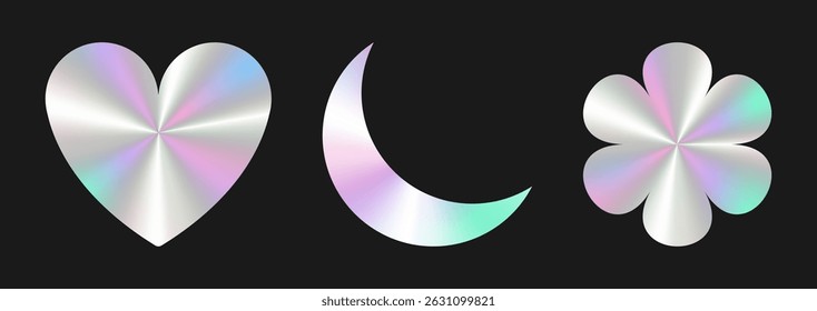 Set of iridescent metallic labels. Holographic gradient heart, moon, flower symbols. Foil effect stickers.