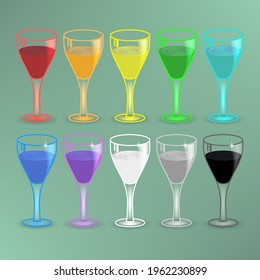 A set of iridescent rainbow glass goblets filled with colored liquid with waves or ripples on the surface