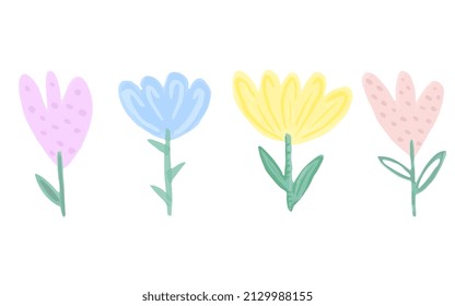 Set of iridescent vector Flowers. Cute cartoon flat design. Colorful Tulips hand drawn in children's style.