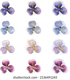 Set of iris flowers in a watercolor style. Floral objects on white and colored background for postcards and invitations. All objects are isolated	
