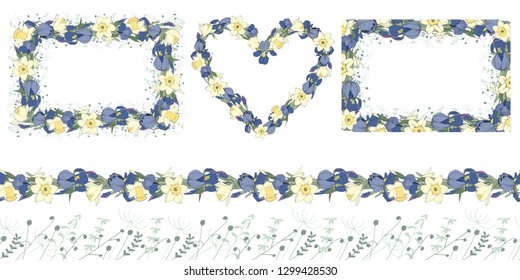 set of iris narcissus seamless borders and frames for romantic design