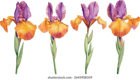 Set of Iris sanguinea, isolated cutout, frontal close-up, vector illustration, wildflower, natural plant, garden flower, floral decoration, spring blossom, meadow flowers.