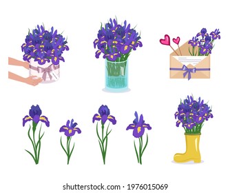 A set of irises, flowers in a round box, vase and envelope. Spring and summer decorations. Delivery of bouquets. Vector flat illustration