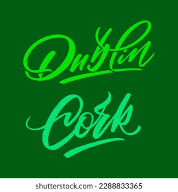 Conjunto de ciudades irlandesas Dublín y Cork en estilo de letras para impresión y diseño. Ilustración vectorial.