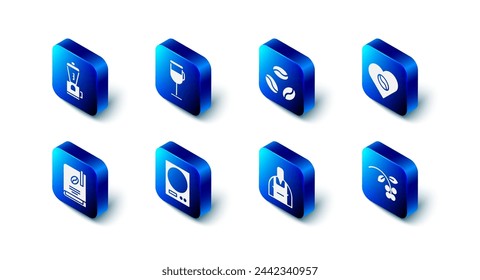 Set Irish coffee, Coffee beans, Lovers, bean, branch, Barista, Electronic scales, book and Electric grinder icon. Vector