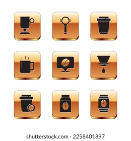 Set Irish coffee, Coffee cup to go, Bag beans, Location with,  and filter holder icon. Vector