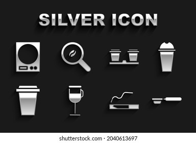 Set Irish coffee, Milkshake, Coffee filter holder, Cigarette, cup to go, Electronic scales and Selection beans icon. Vector