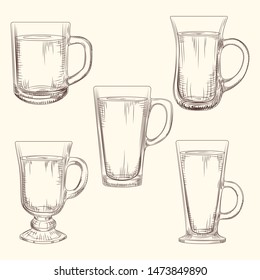 Set of Irish Coffee mugs. Different coffee mugs.  Hand drawn glassware cup isolated on white background. Vector illustration