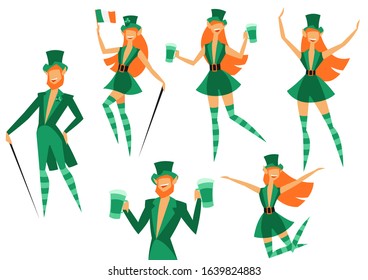 Set of Irish fantastic characters leprechauns. Saint Patricks Day celebration. Stylish men and girls in traditional costume.