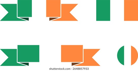Set of Irish Flag or Flag of Ireland including Short and Long Folded Ribbon Banner Style, Standard Plain and Round Shapes. Vector Image.