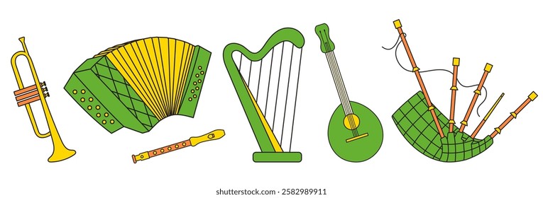 set of Irish folk musical instruments, guitar, harp, bagpipes, trumpet, fife, accordion, retro vintage style, vector flat icon isolated on a white transparent background