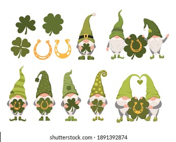 Set of irish garden gnomes. Collection of St. Patrick's Day Gnomes with shamrock and horseshoe. Couple of garden elves with сlover. Colorful illustration for festive postcard.