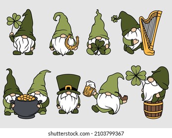 Set of irish garden gnomes. Collection of St. Patrick's Day Gnomes with shamrock and horseshoe. Couple of garden elves with сlover. Colorful illustration for festive postcard.