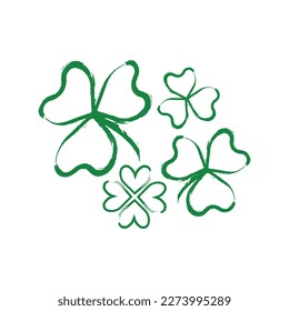 Set of Irish shamrock isolated on white background Brush stroke Green clover with three and four leaves symbol of a St Patrick day Vector illustration