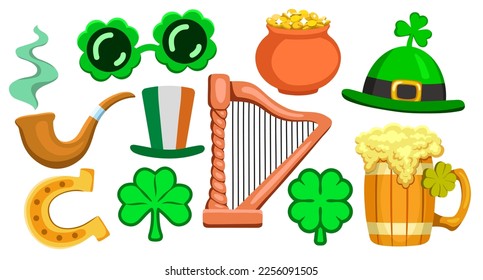 Set of Irish St. Patrick's Day paraphernalia, symbols of Ireland harp, trefoil and four-leaf clover symbols of good luck, pot of gold, smoking pipe or mug of ale. Vector illustration