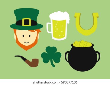 set of irish symbols leprechaun beer horseshoe pot of gold leaf clover and a smoking pipe