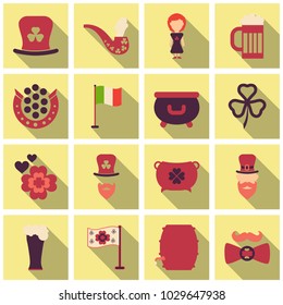 Set of Irish symbols St. Patrick day icons with shadow. Flet icons