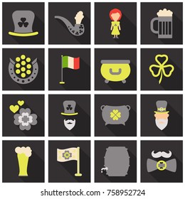 Set of Irish symbols St. Patrick day icons with shadow. Flet icons