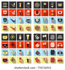 Set of Irish symbols St. Patrick day icons with shadow. Flet icons