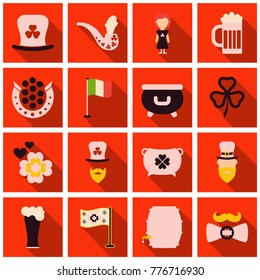 Set of Irish symbols St. Patrick day icons with shadow. Flet icons