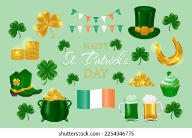 Set of Irish symbols for St. Patrick's Day. Leprechaun hat, boots, beer, ale, gold coins, pot of gold, horseshoe, garland with flags and flag of Ireland, shamrock, clover.Vector icons set.