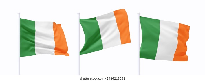 Set of Irish waving flag on flagpole. Realistic 3d design flag flies on the wind on isolated white background. vector illustration