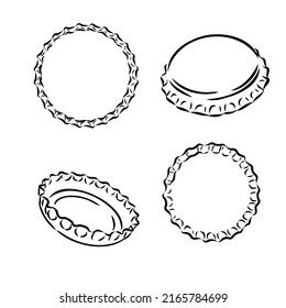 Set, iron beer bottle cap. Five angles. Sketch scratch board imitation. Black and white. Engraving vector illustration