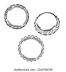 Set, tapón de botella de cerveza de hierro. Cinco ángulos. Esbozar la imitación de tablero de arañazos. Blanco y negro. Gráfica vectorial de grabado