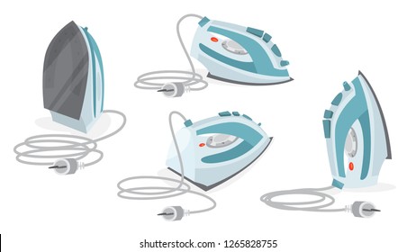 Set of iron for cloth. Electric utensil. Device for ironing clothes. Isolated vector flat illustration