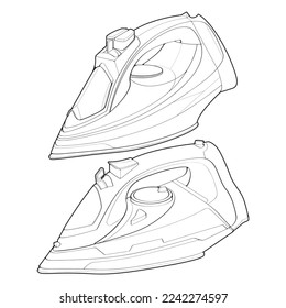 Set of iron electric outline vector. Vector art illustration appliance home on white background. Isolated outline illustration of iron electric for coloring book.
