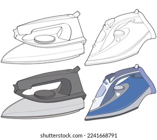 Set of iron electric vector. Vector art illustration appliance home on white background. Isolated vector illustration of iron electric for coloring book.
