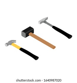 Set of iron hammers with black handle and sledge hammer isolated on white background isometric view.  Working tool.