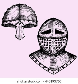 set iron helmet medieval knight doodle style sketch illustration hand drawn vector