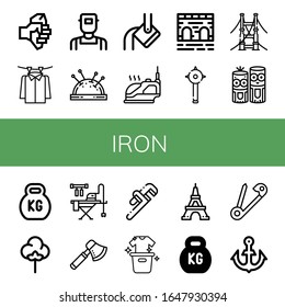 Set of iron icons. Such as Axe, Laundry, Welder, Pin cushion, Heavy, Iron, Bridge, Mace, Model craft, Kettlebell, Textile, Ironing board, Pipe wrench, Eiffel tower , iron icons