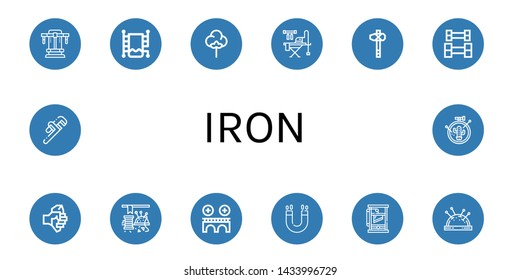 Set of iron icons such as Bench press, Heated towel rail, Textile, Ironing board, Axe, Weightlifting, Sewing, Bridge, Magnet, Guillotine, Pin cushion, Pipe wrench, Embroidery , iron