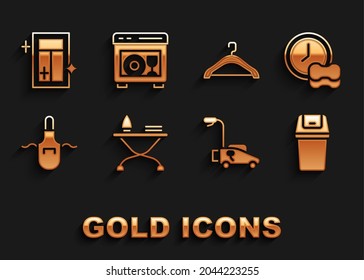 Set Iron and ironing board, Washing dishes, Trash can, Lawn mower, Kitchen apron, Hanger wardrobe, Cleaning service for window and Dishwasher machine icon. Vector