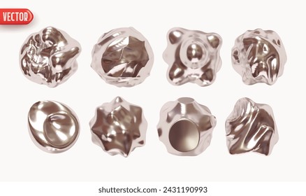 Satz von Eisen-Metaball-Formen von Objekten realistisches 3D-Design. Sammlung Meteoriten Asteroiden Komet Runde Kugel Kugelelemente. Vektorgrafik
