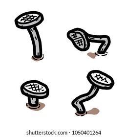 set of iron nails, cartoon vector and illustration, hand drawn style, isolated on white background.
