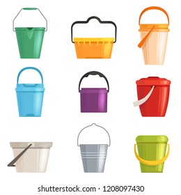 Set iron or plastic bucket, trash can. Isolated on white background. Vector illustration