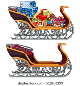 Set of iron sleigh of Santa Claus with gifts and festive cakes isolated on white background. Vector illustration.