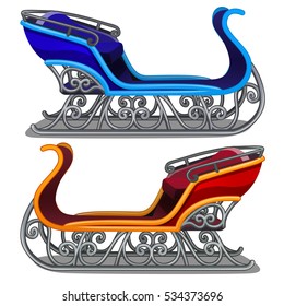 Set of iron sleigh of Santa Claus blue and red color isolated on white background. Vector illustration.