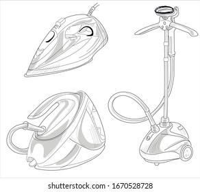 
Set iron, steam generator and steamer on isolate white background. Household appliances in style Hand drawn vector illustration