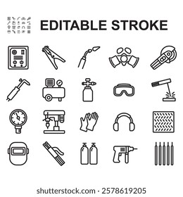 Set of iron welding equipment icons. Thin line vector, containing icons such as welding glasses, compressor and more.